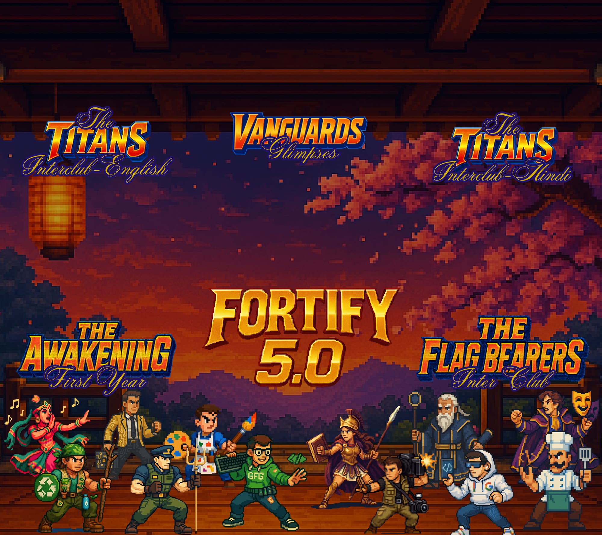 Fortify 5.0 — the society&rsquo;s flagship event, rendered as a side-scrolling game screen so its five competition tracks (Interclub English, Interclub Hindi, Glimpses, First Year and Inter Club) read as factions rather than as a list of names.