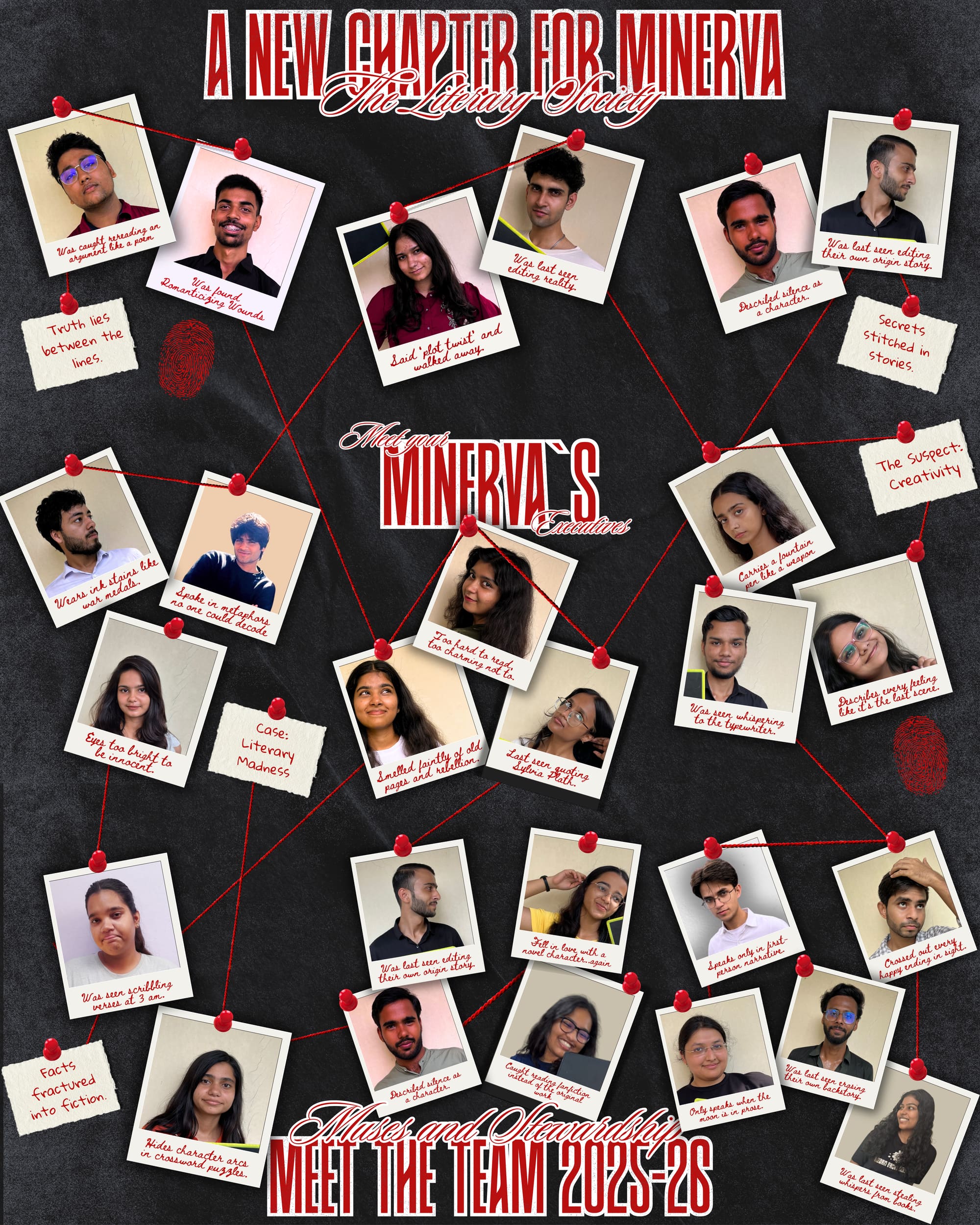 A new chapter of Minerva — the incoming session announced as a scattered polaroid wall, so twenty-odd faces can be introduced in one frame without a grid of headshots.
