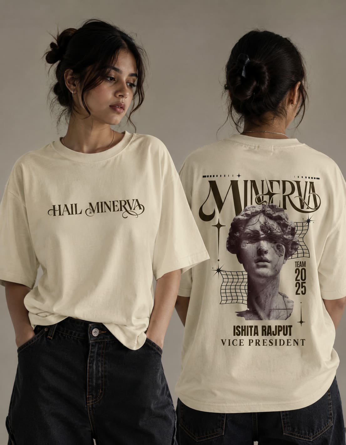 Minerva merchandise — the identity translated to a garment, worn. A bust illustration on one shirt, a wordmark lockup on the other.
