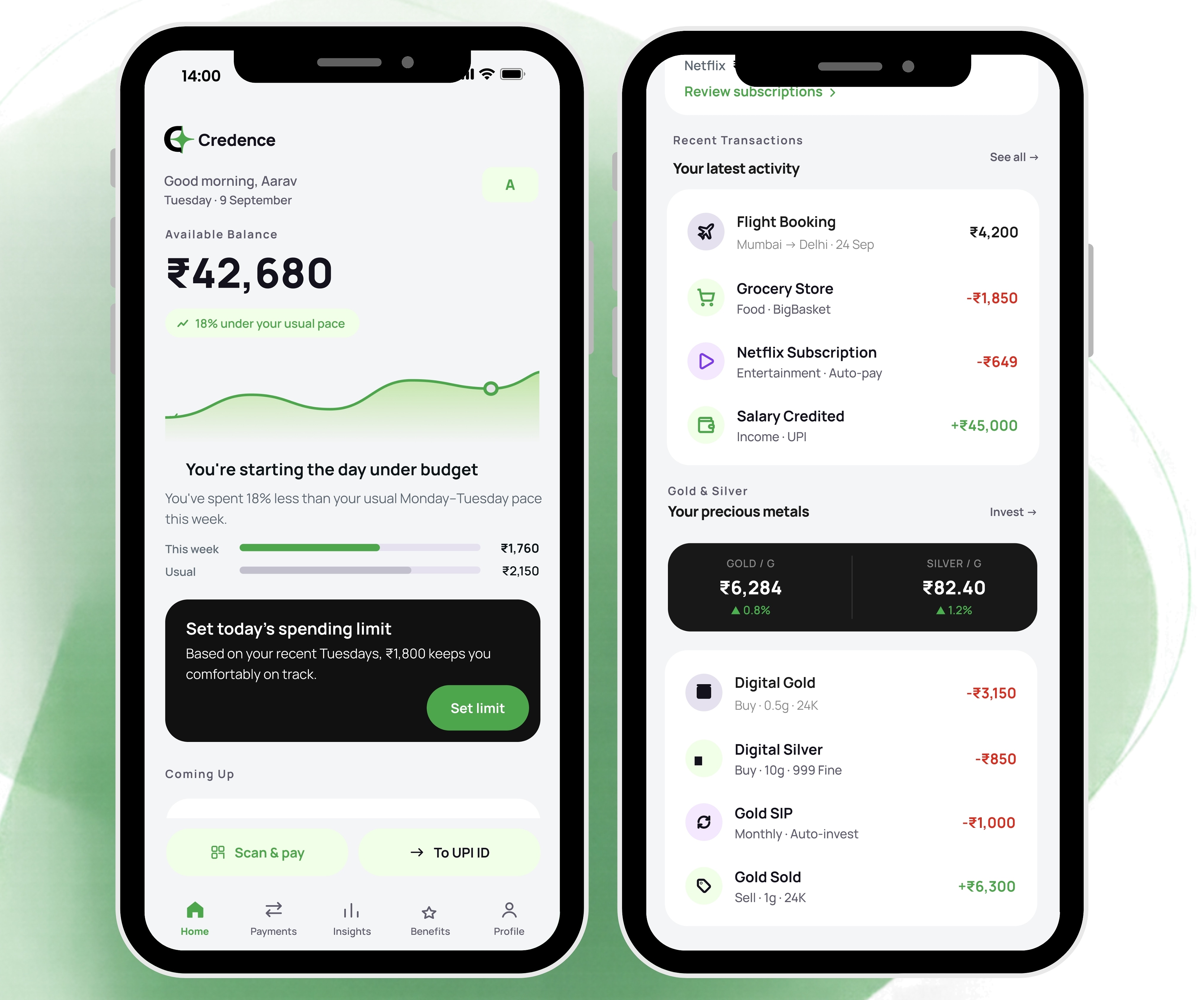 The Credence Home screen: balance, pace against the person’s usual, a suggested daily limit, upcoming charges and a Gold & Silver strip, in one scroll.