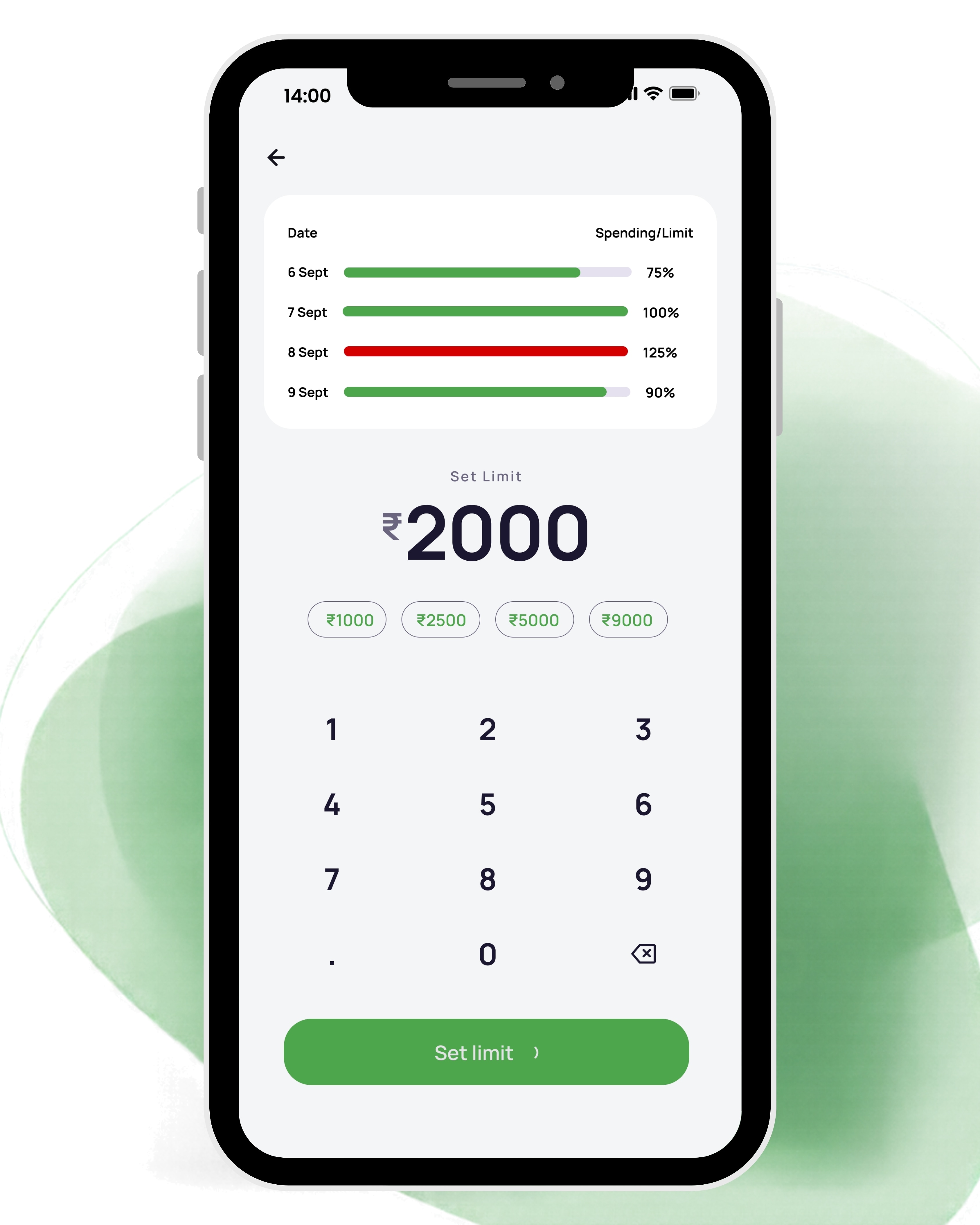 Set limit: four days of history above the keypad, with preset amounts for a faster start.