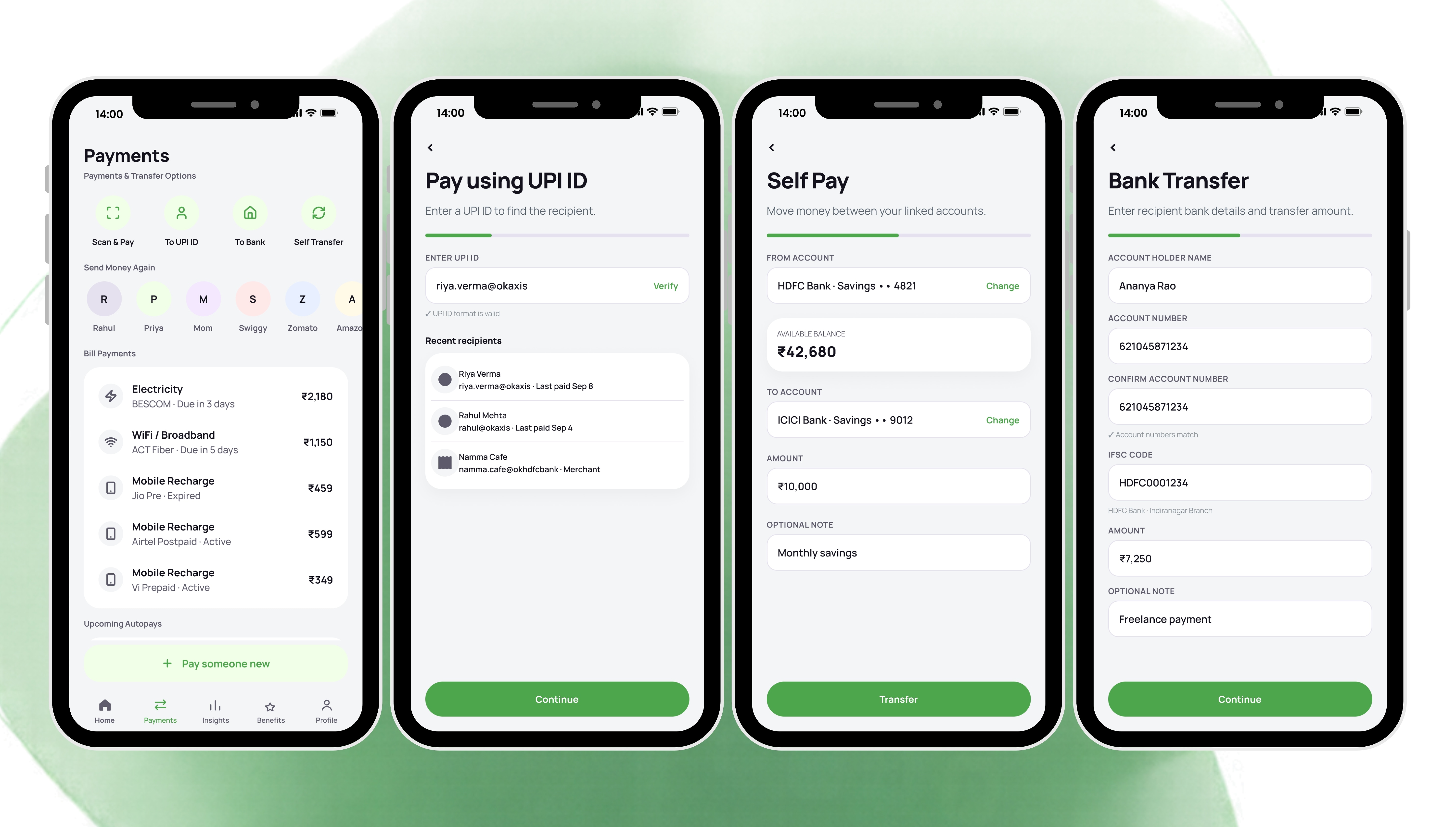 Payments: four routes in one row, recent recipients, bill payments and upcoming autopays.