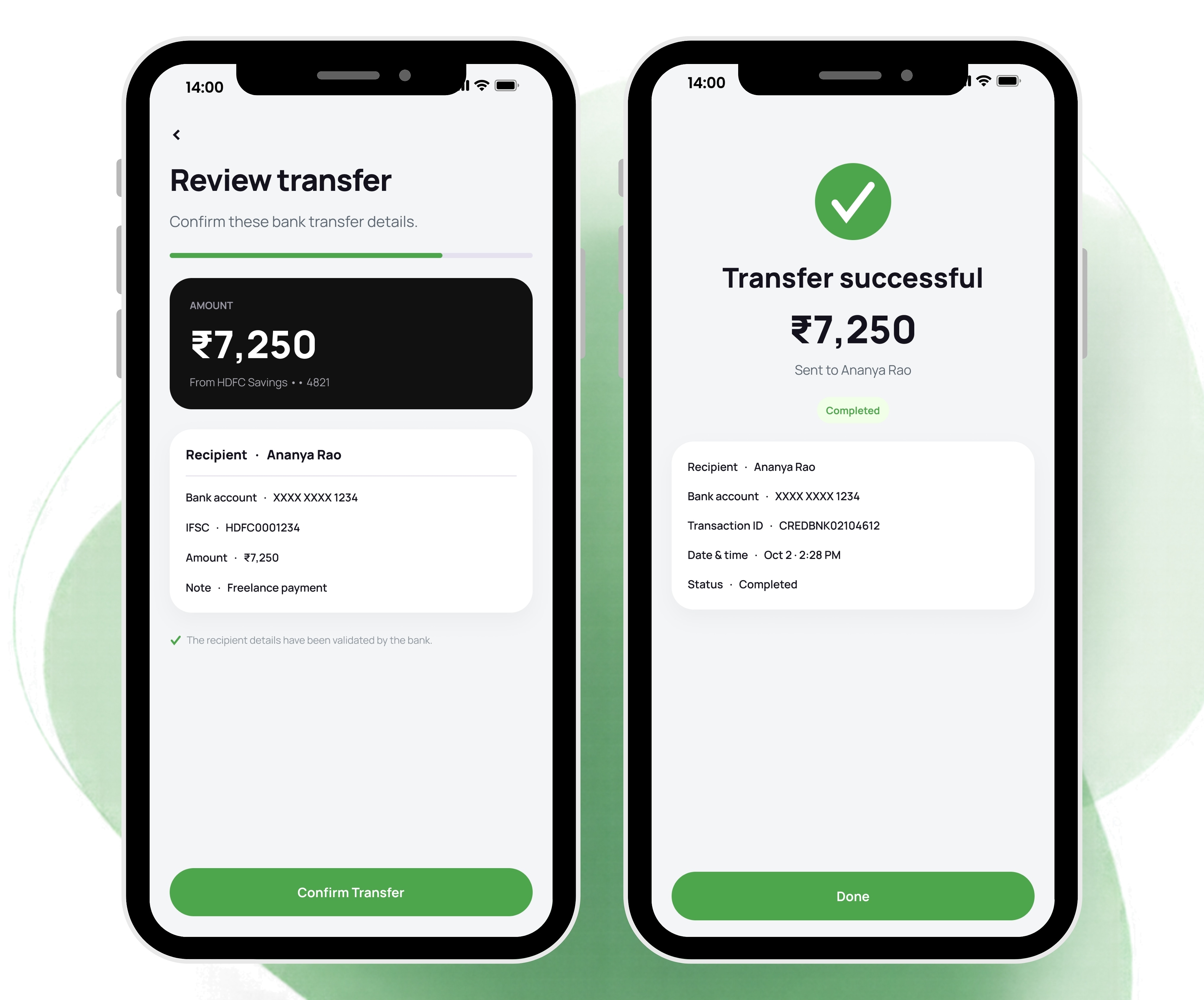 Bank transfer review: the amount on a near-black card, the details on a white one, and the validation message beneath.