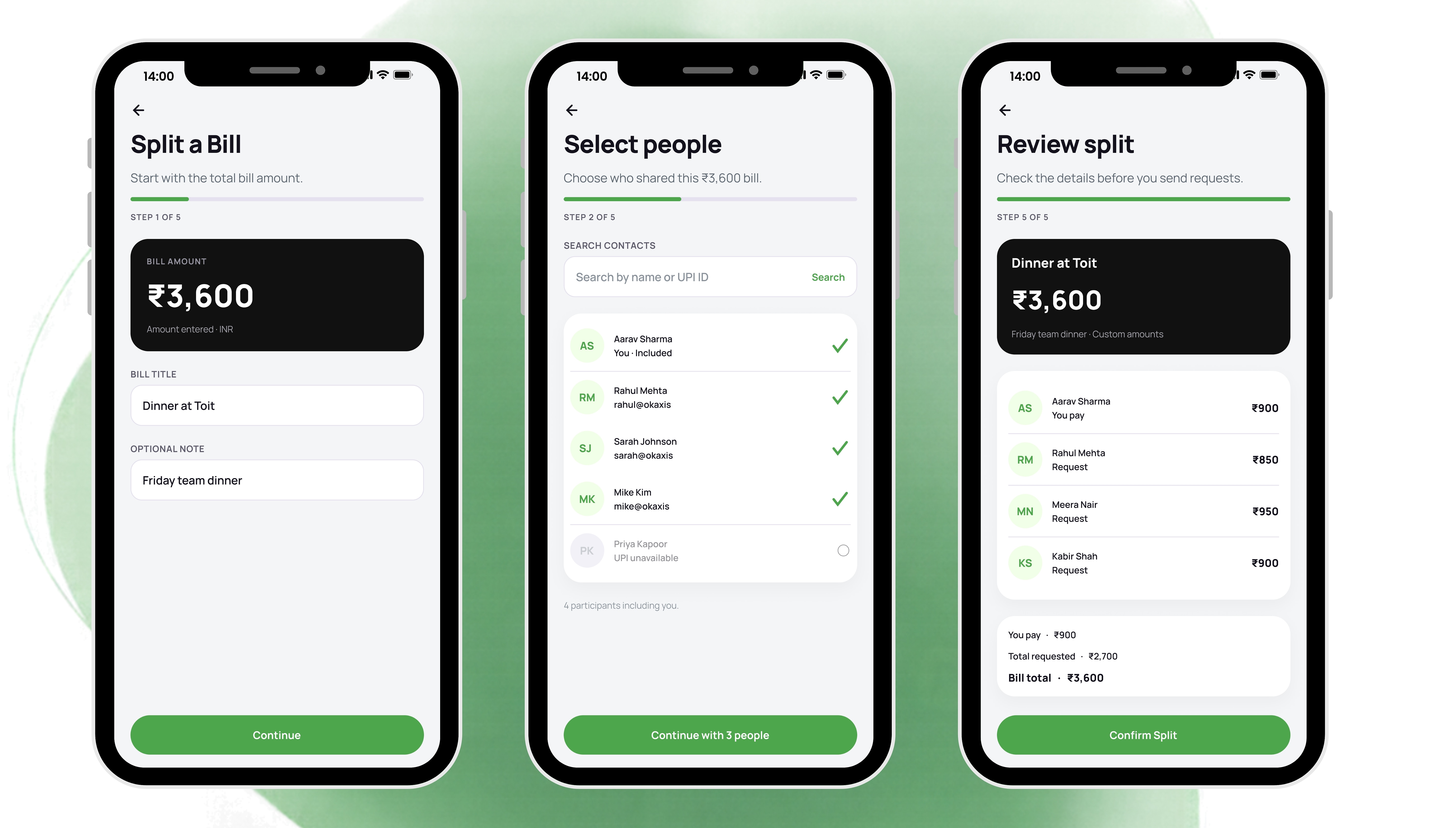 Custom allocation: ₹3,600 across four people, with a live check that the split matches the bill.