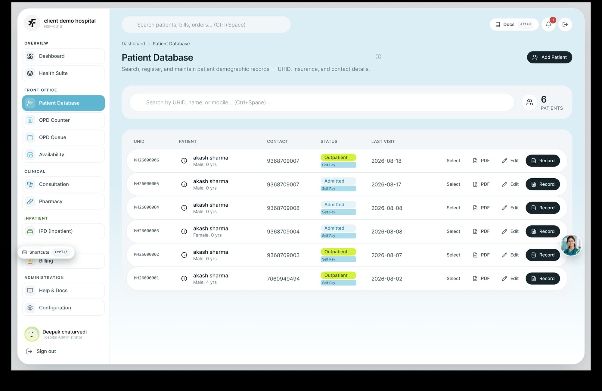 Edit Patient Demographics Modal — quick registration form with structured fields for name, DOB, gender, blood group, mobile number, and address.